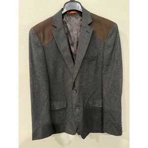 Tallia Orange‎ Mens Charcoal Grey Wool Blend Blazer Brown Suede Shoulder Patches